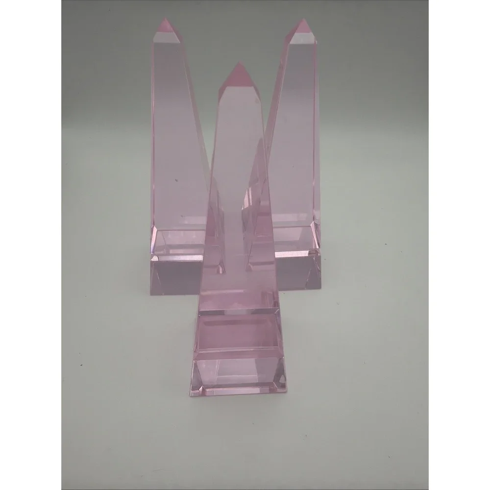 Set of 3 Pink Lucite Acrylic Obelisk Display Stands Art Deco Geometric 7